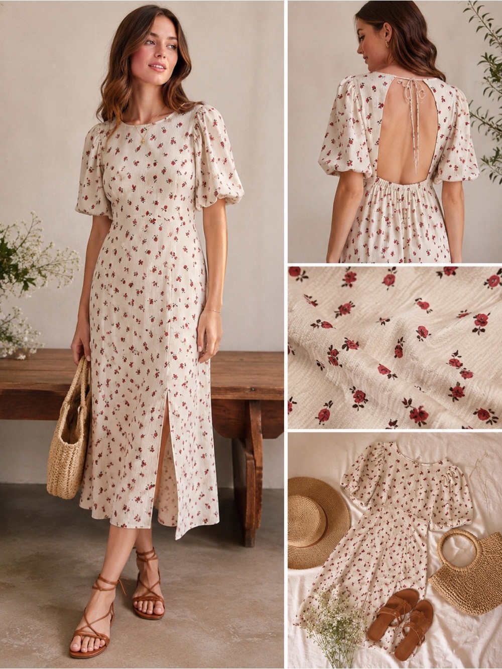 ICHI New Cream Floral Midi Dress with Puff Sleeves, Cottagecore